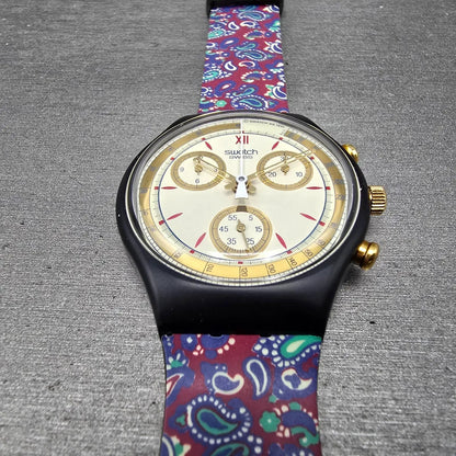 Swatch Chrono Award Watch Men 37mm Cream Dial Black Date SCB108 New Batt NOS2