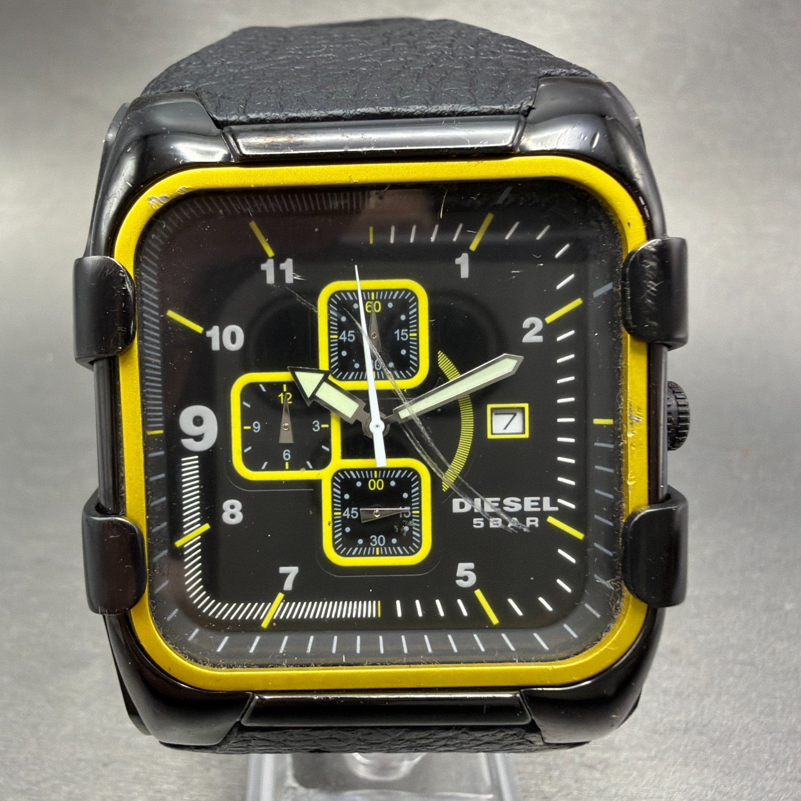 Diesel Chronograph Watch Men 44mm  Black Dial Black Yellow Date Rectangle Newbat0