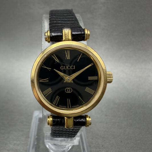 Gucci 2000L Watch Women 22mm Black Dial Gold Plated Round New Battery VTG ABC0