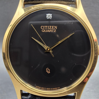 Citizen CQ Watch Men 32mm Black Dial Gold Tone Round 6031-K02716 New Battery JP2
