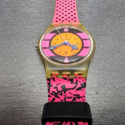 Swatch lady Pink Betty Watch Women 25mm Pink Dial Clear Case Round BROKEN BAND4