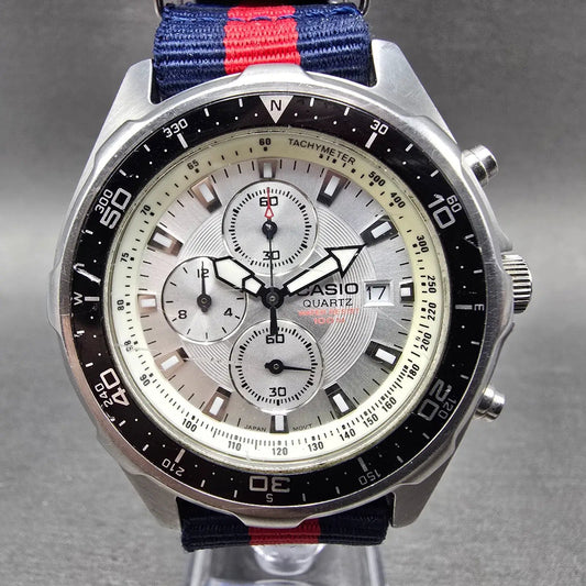 Casio Chronograph Watch Men 45mm Silver Dial Silver Tone Date AMW-330 NewBatt JK0