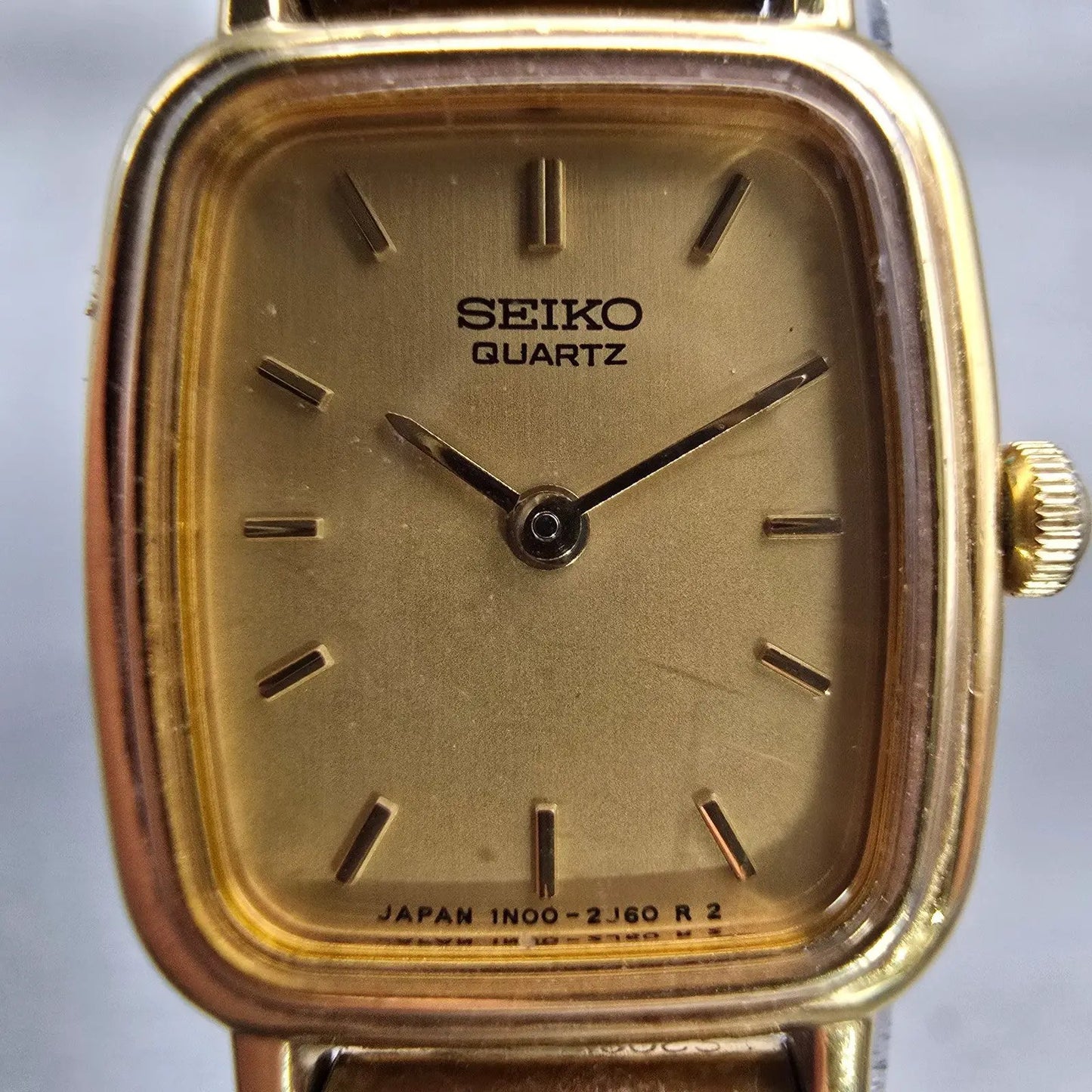 Seiko Watch Women 17mm Gold Dial Gold Tone Rectangle 1N00-5K29 New Battery VTG G1