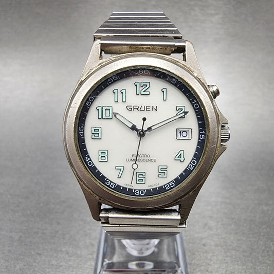 Gruen Watch Men 35mm White Dial Gray Tone Date backlight Round New Battery
