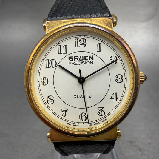 Gruen Precision Watch Men 31mm White Dial Gold Tone Round  New Battery0