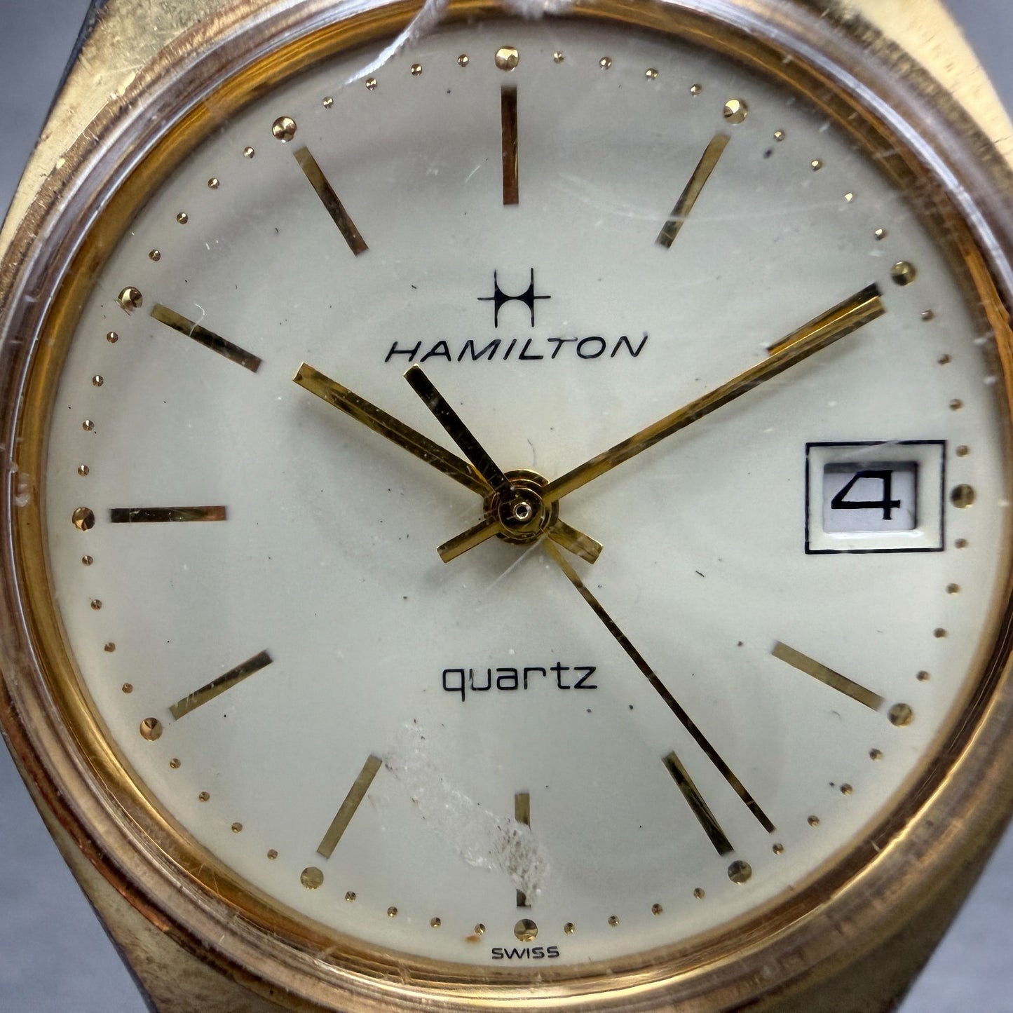 Hamilton Watch Men 34mm Cream Dial Gold Tone Date Round NO CASEBACK New Battery1
