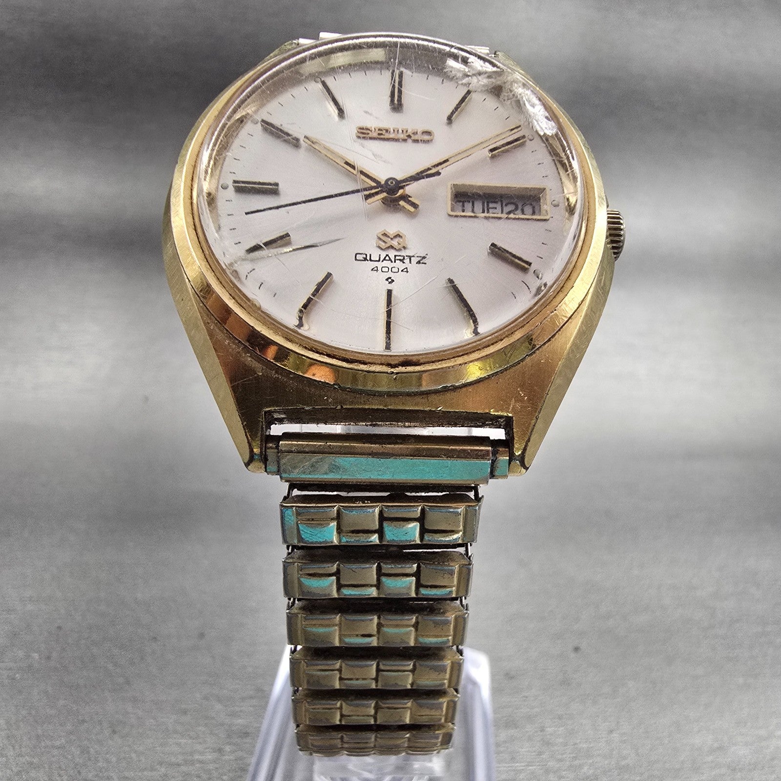 Seiko SQ Watch Men 37mm Silver Dial Gold Tone Daydate Round 0903-7009 New Batt5