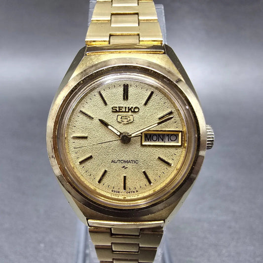 Seiko5 Automatic Watch Women 24mm Gold Dial Gold Tone Daydate 4206-0180 PARTS0