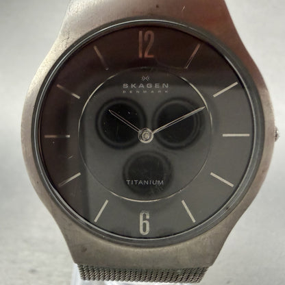 Skagen Watch Men 34mm Gray Dial Titanium Round Mesh Band 233LTTM New Battery1