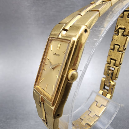 Seiko Watch Women 13mm Gold Dial Gold Tone Rectangle 2E207479 New Battery2