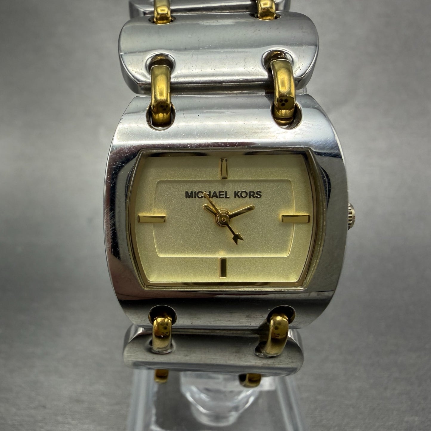 Michael kors Watch Women 25mm Champagne Dial Two Tone Rectangle MK-3082 New Batt0