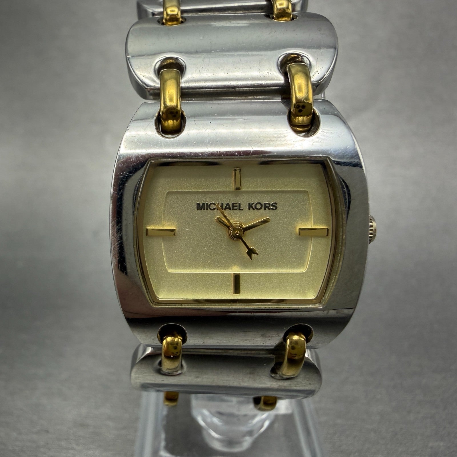 Michael kors Watch Women 25mm Champagne Dial Two Tone Rectangle MK-3082 New Batt0
