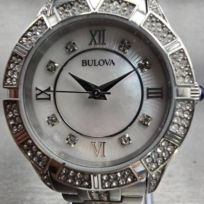 Bulova Watch Women 30mm MOP Dial Silver Tone Gemmed Round 96L116 New Battery1