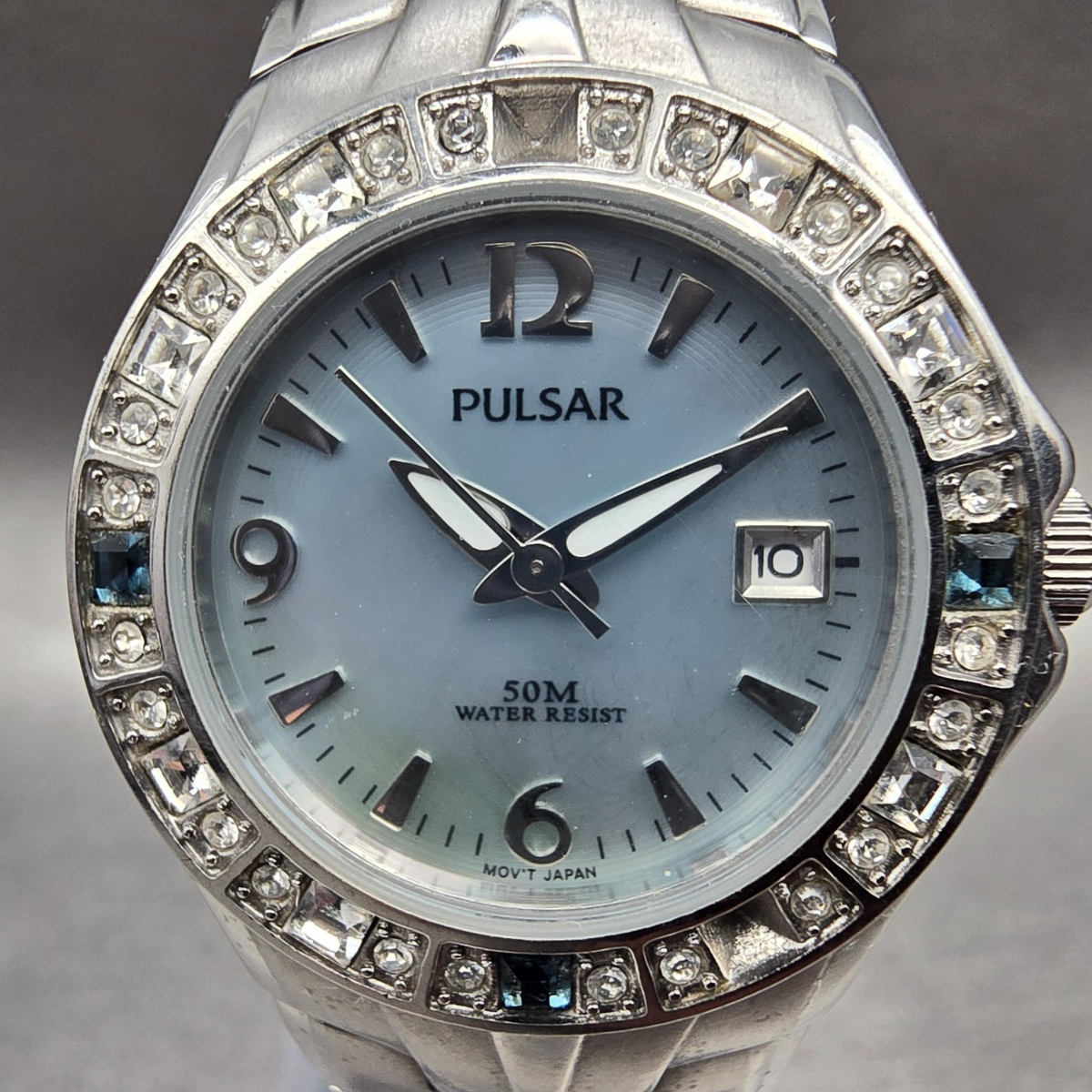 Seiko Pulsar Watch Women 27mm MOP Dial Silver Tone Gemmed Date VX82-X416 New Bat1
