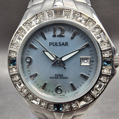 Seiko Pulsar Watch Women 27mm MOP Dial Silver Tone Gemmed Date VX82-X416 New Bat1