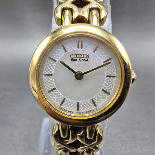 Citizen Eco-Drive Watch Women 21mm MOP Dial Gold Tone Round B023-K004829 Runs0