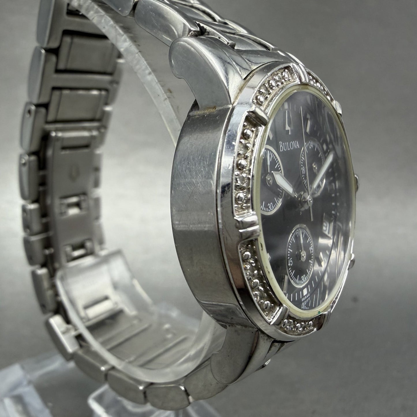 Bulova Chronograph Watch Women 30mm Black Dial Silver Tone 96R44 New Battery3