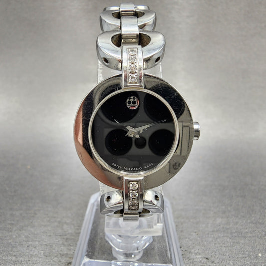 Movado Belamoda Watch Women 25mm Black Dial Steel Diamond Round New Battery A1230