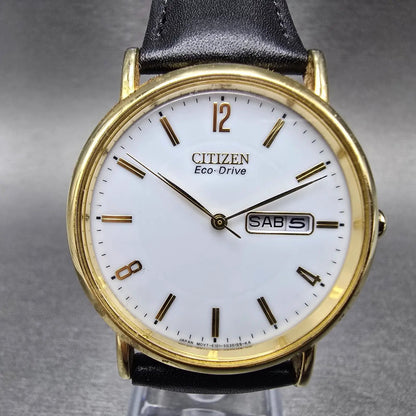 Citizen Eco-Drive Watch Men 36mm White Dial Gold Daydate E101-S015588 Runs JP0