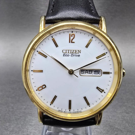 Citizen Eco-Drive Watch Men 36mm White Dial Gold Daydate E101-S015588 Runs JP0