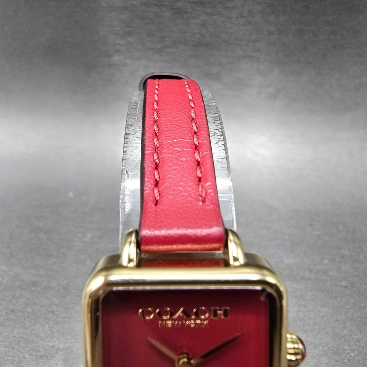 Coach Watch Women 22mm Red Dial Gold Tone Square 14504226 Leather New Battery4