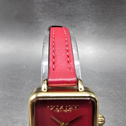 Coach Watch Women 22mm Red Dial Gold Tone Square 14504226 Leather New Battery4