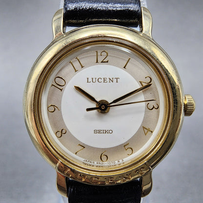 Seiko Lucent Watch Women 22mm White Dial Gold Tone 4n21-0360 New Battery