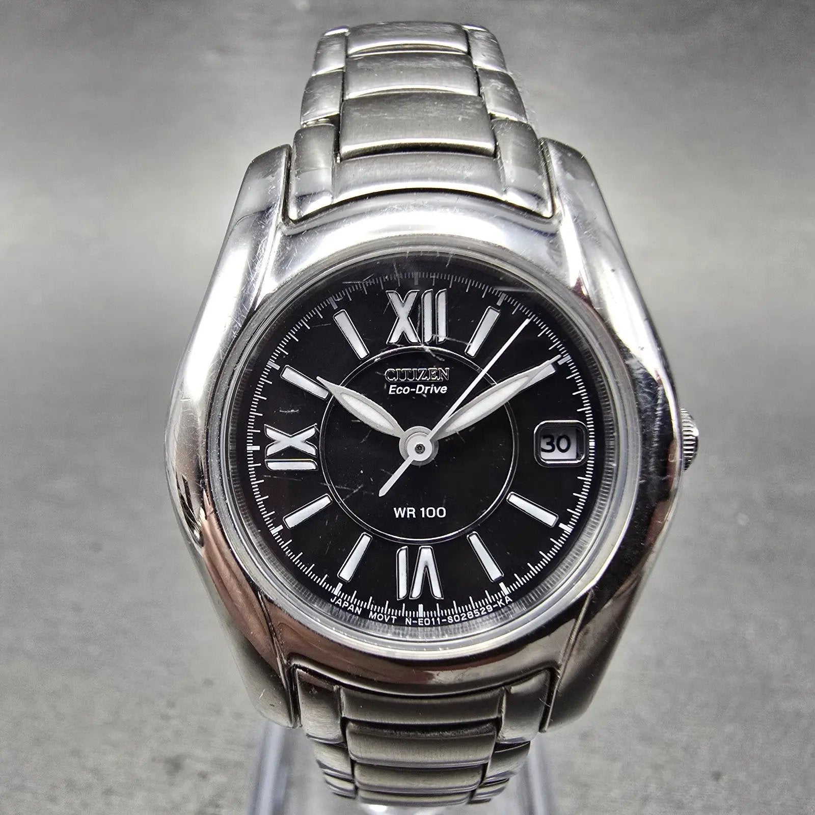 Citizen Watch Women 25mm Black Dial Silver Tone Date Round E011-S015502 Runs J230