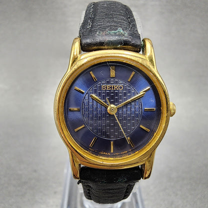 VTG Seiko Watch Women 22mm Blue Dial Gold Tone Round V701A110 New Battery0