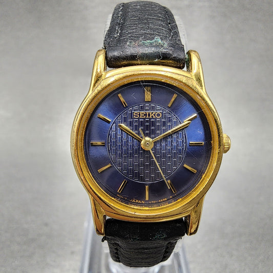 VTG Seiko Watch Women 22mm Blue Dial Gold Tone Round V701A110 New Battery0