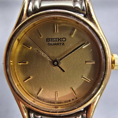 Seiko Watch Women 20mm Gold Dial Gold Tone Round 1N01-0E19 New Battery Vintage d1