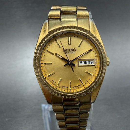 Seiko Watch Women 25mm Gold Dial Gold Tone Daydate Round 7N83-0041 New Battery 70