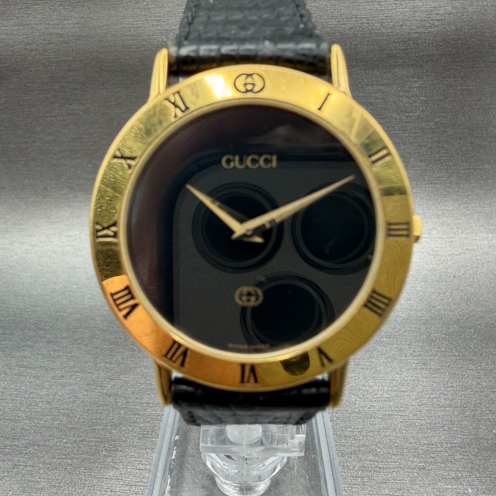 Gucci 3000M Watch Men 33mm Black Dial Gold plated Round Vintage PARTS0