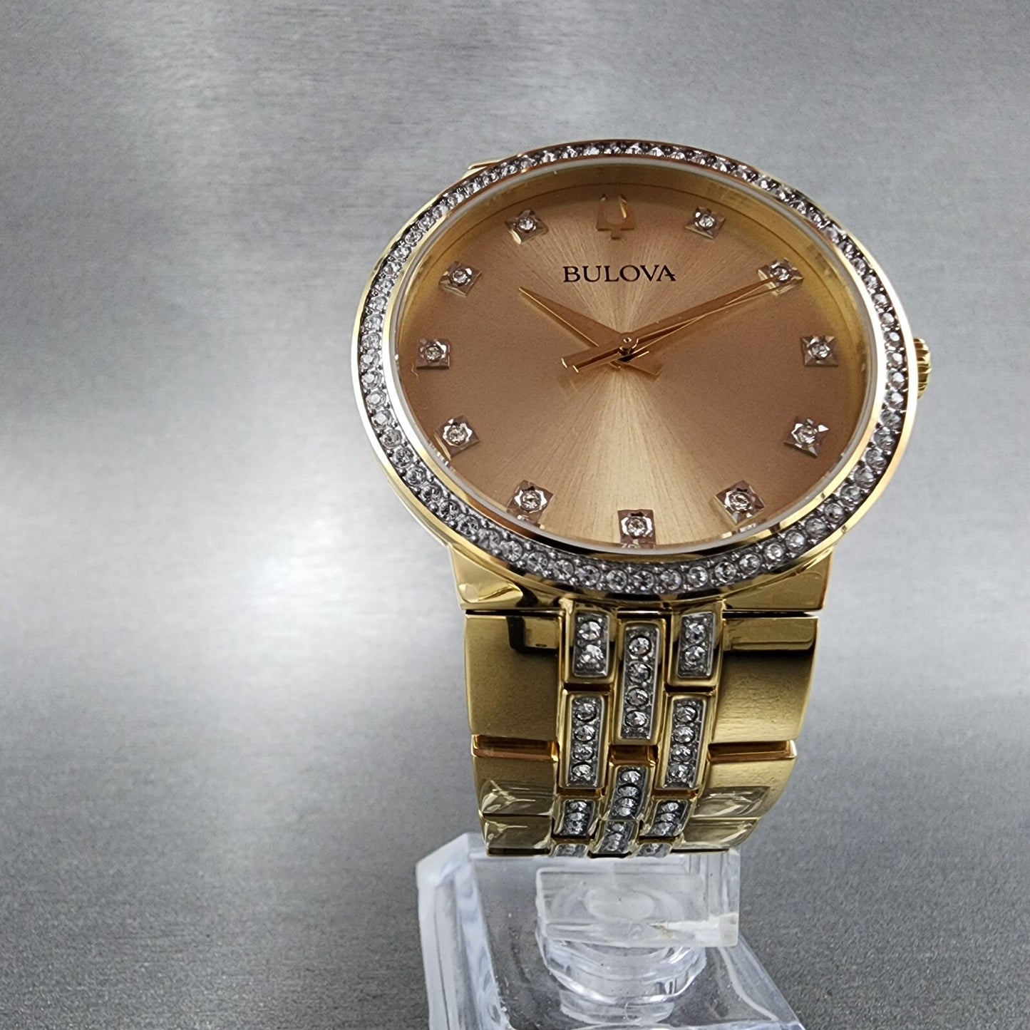 Bulova Watch Men 40mm Gold Dial Gold Tone Round Crystal Bezel 98K113 W/Necklace