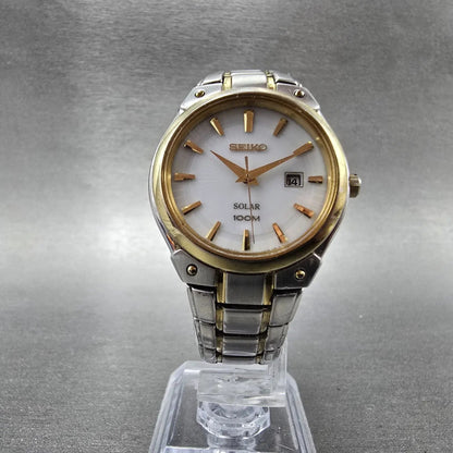 Seiko Solar Watch Women 30mm White Dial Two Tone Date READ!!!!!!! V137-0AX0 Runs5