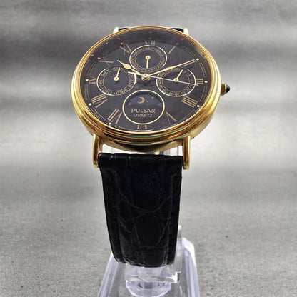 Pulsar Watch Men 33mm Black Dial Gold Sun Moon Triple Calendar V33F-8A10 New Bat4