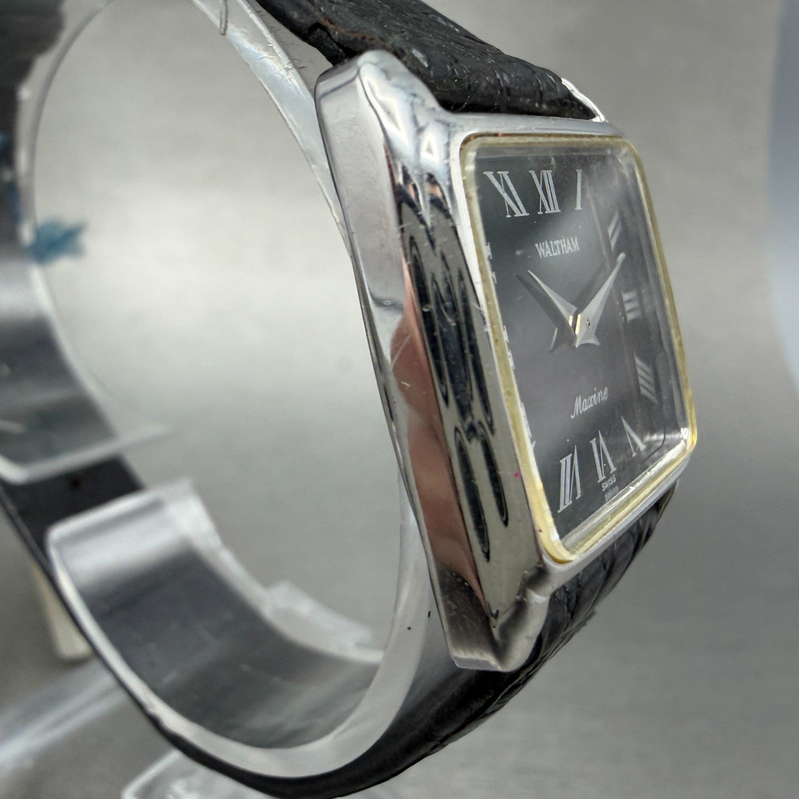 Waltham Maxine Tank Watch Women 24mm Black Dial Silver Tone Manual Wind Runs VTG3