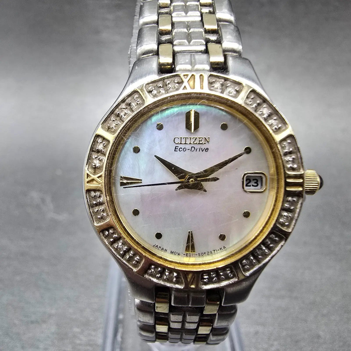 Citizen Eco-Drive Lucca Watch Women 25mm MOP Dial Two Tone Date Diamonds Runs JP0