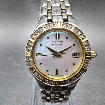 Citizen Eco-Drive Lucca Watch Women 25mm MOP Dial Two Tone Date Diamonds Runs JP0