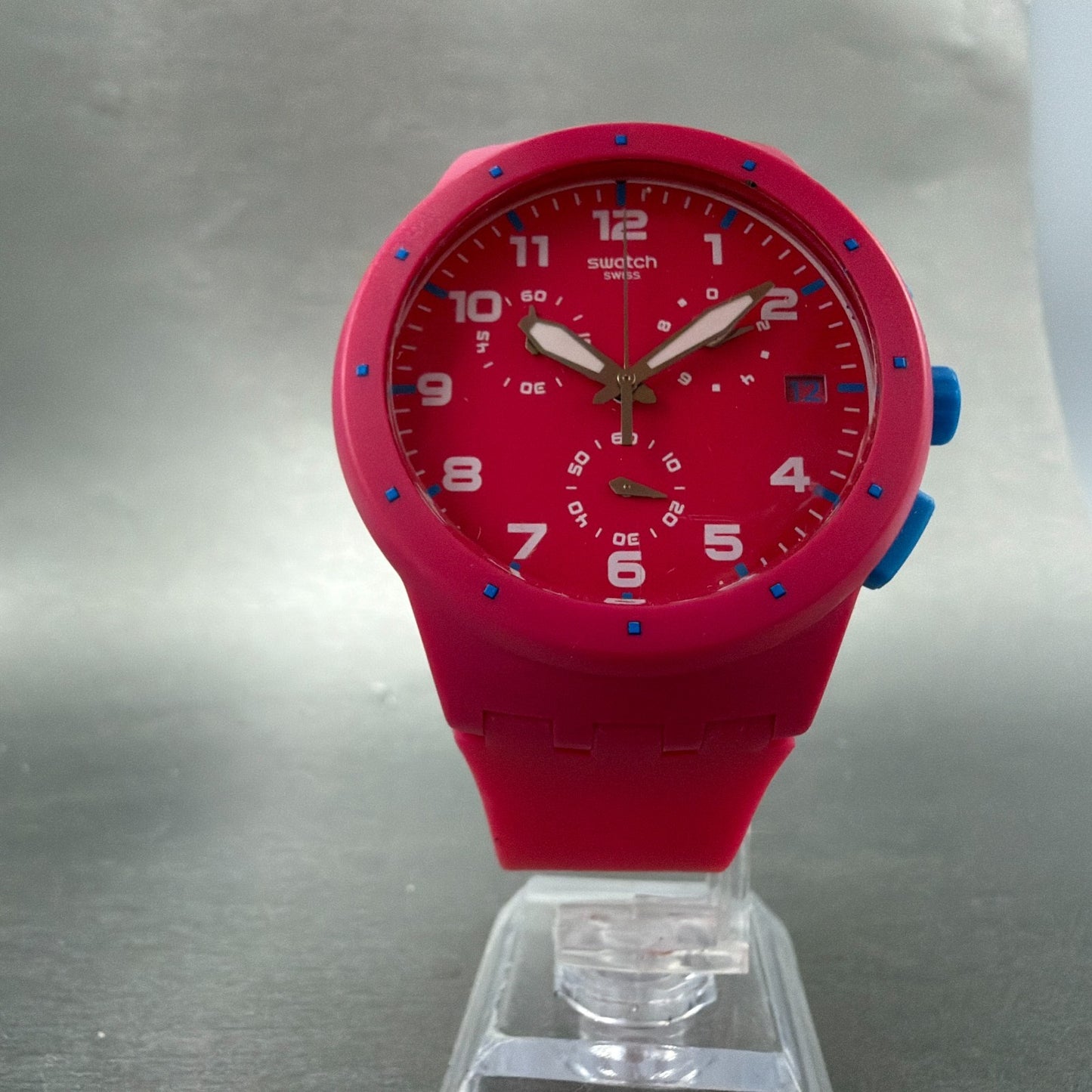 Swatch Chrono Pink Frame Watch Men 42mm Pink Dial Pink Tone Date Round New Batt6