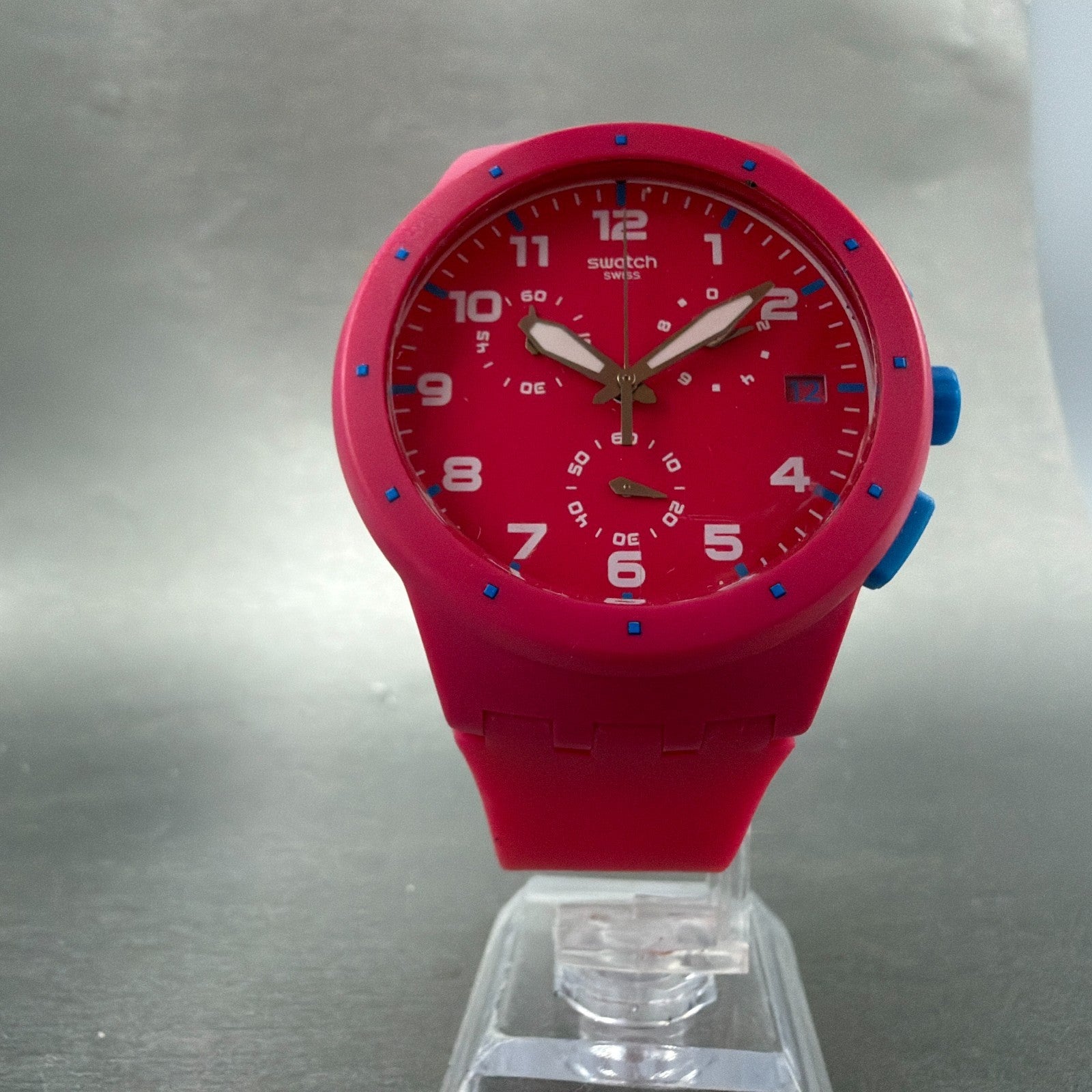 Swatch Chrono Pink Frame Watch Men 42mm Pink Dial Pink Tone Date Round New Batt6