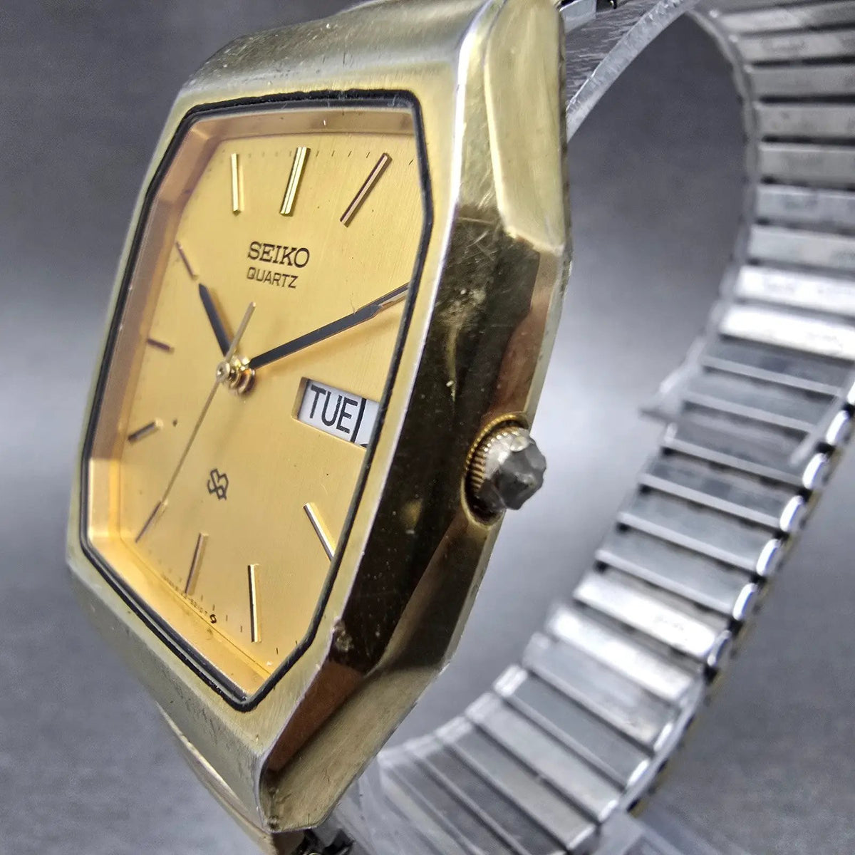 Seiko SQ Tank Watch Men 31mm Gold Dial Gold Tone Octagon 8123-5189 VTG PARTS3