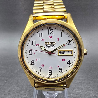 Seiko Railroad Approved Watch Men 37mm White Dial Gold Tone Daydate Round PARTS0