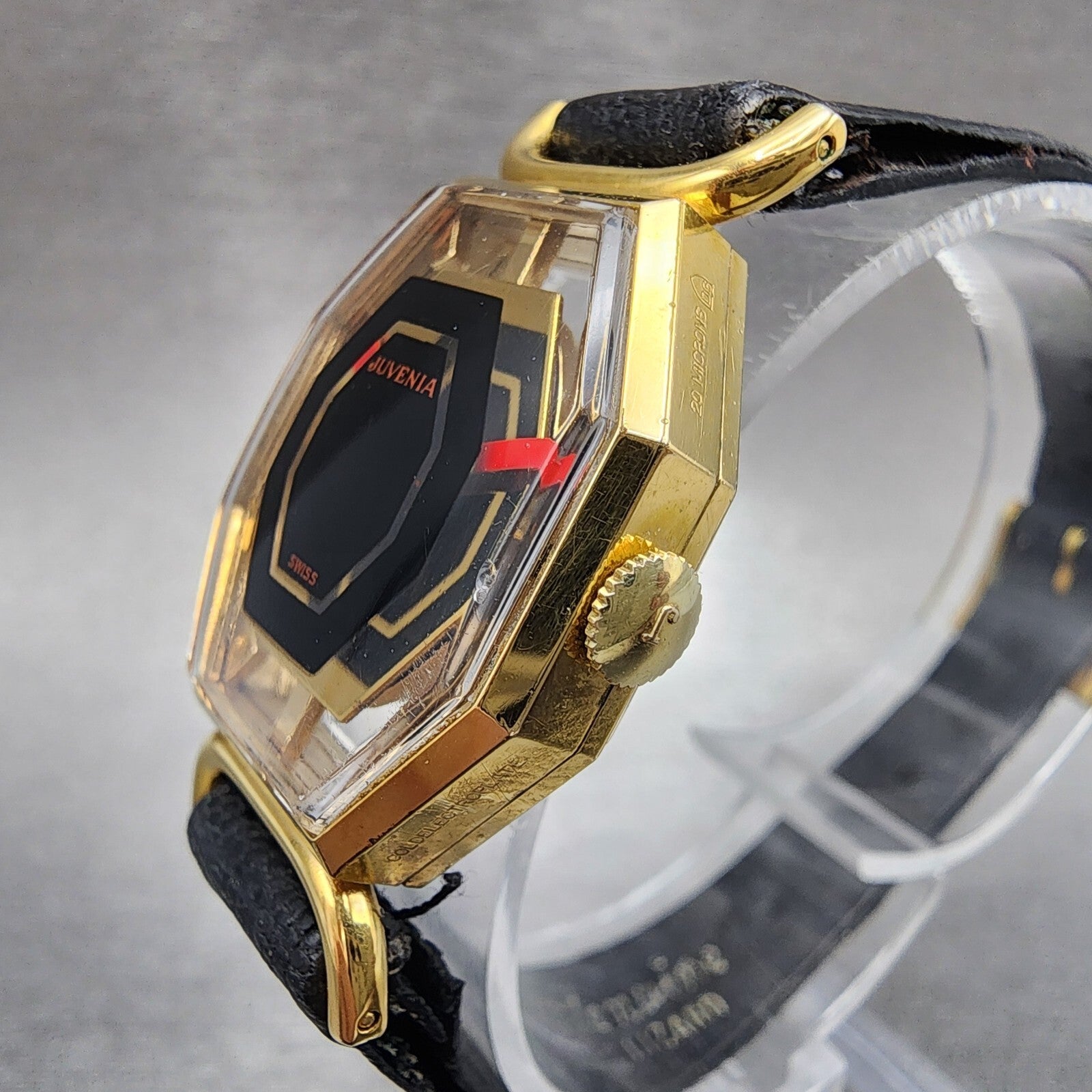 Juvenia Mystery Dial Watch Women 23mm Black Dial Gold Plated Octagon Manual Wind2