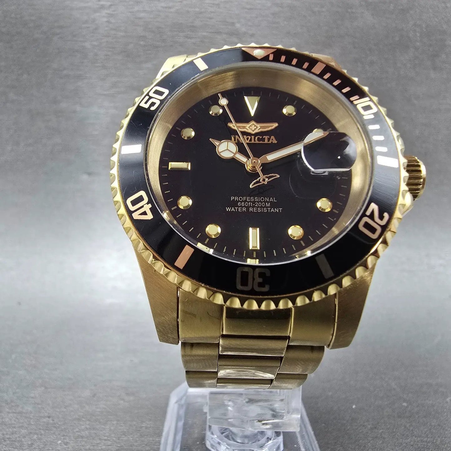 Invicta Pro Diver Watch Men 40mm Black Dial Gold Tone Date 26975 New Battery5
