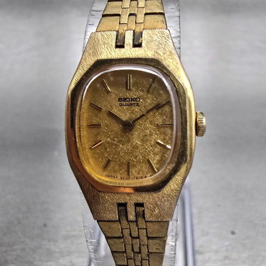Seiko Watch Women 16mm Gold Dial Gold Tone Oval 2C20-5749 New Battery Vintage0