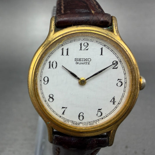Seiko Watch Women 26mm White Dial Gold Tone Round Vintage V700-6091 New Battery0