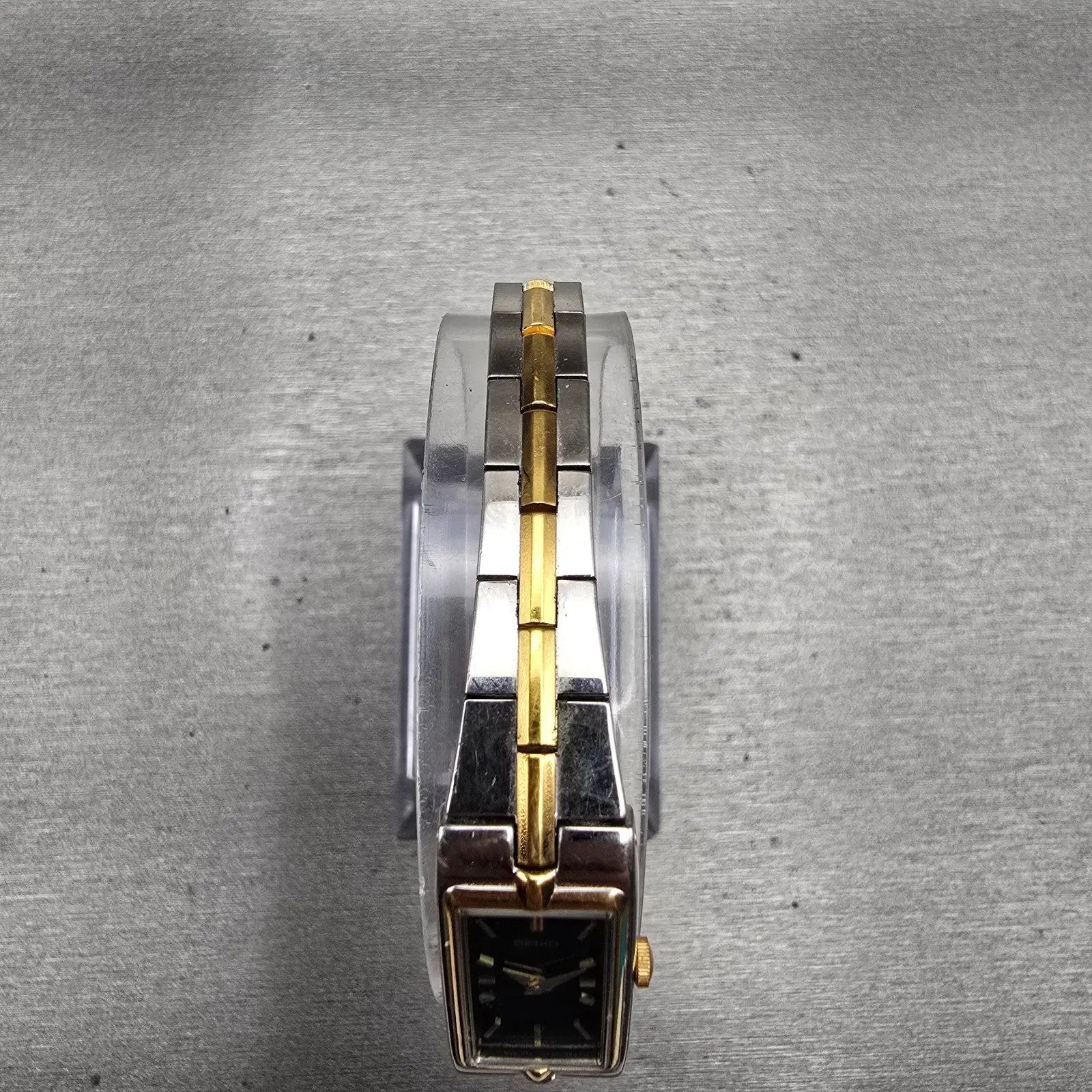 Seiko Watch Women 13mm Black Dial Two Tone Rectangle 2E20-7479 New Battery VTG4