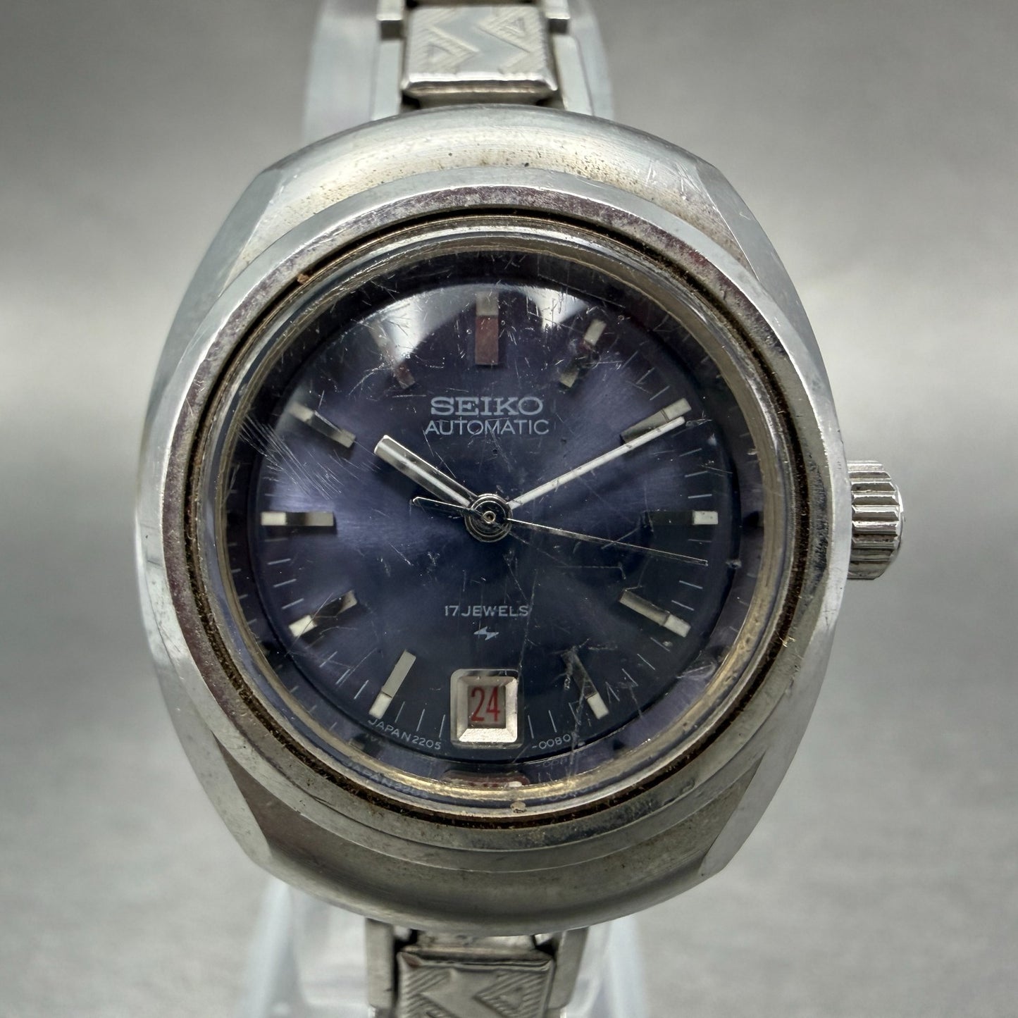 Seiko Automatic Watch Women 28mm Blue Dial Silver Tone Date 2205-0030 Runs1