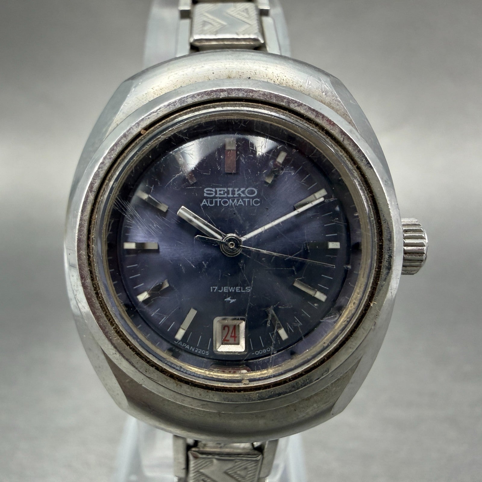 Seiko Automatic Watch Women 28mm Blue Dial Silver Tone Date 2205-0030 Runs1